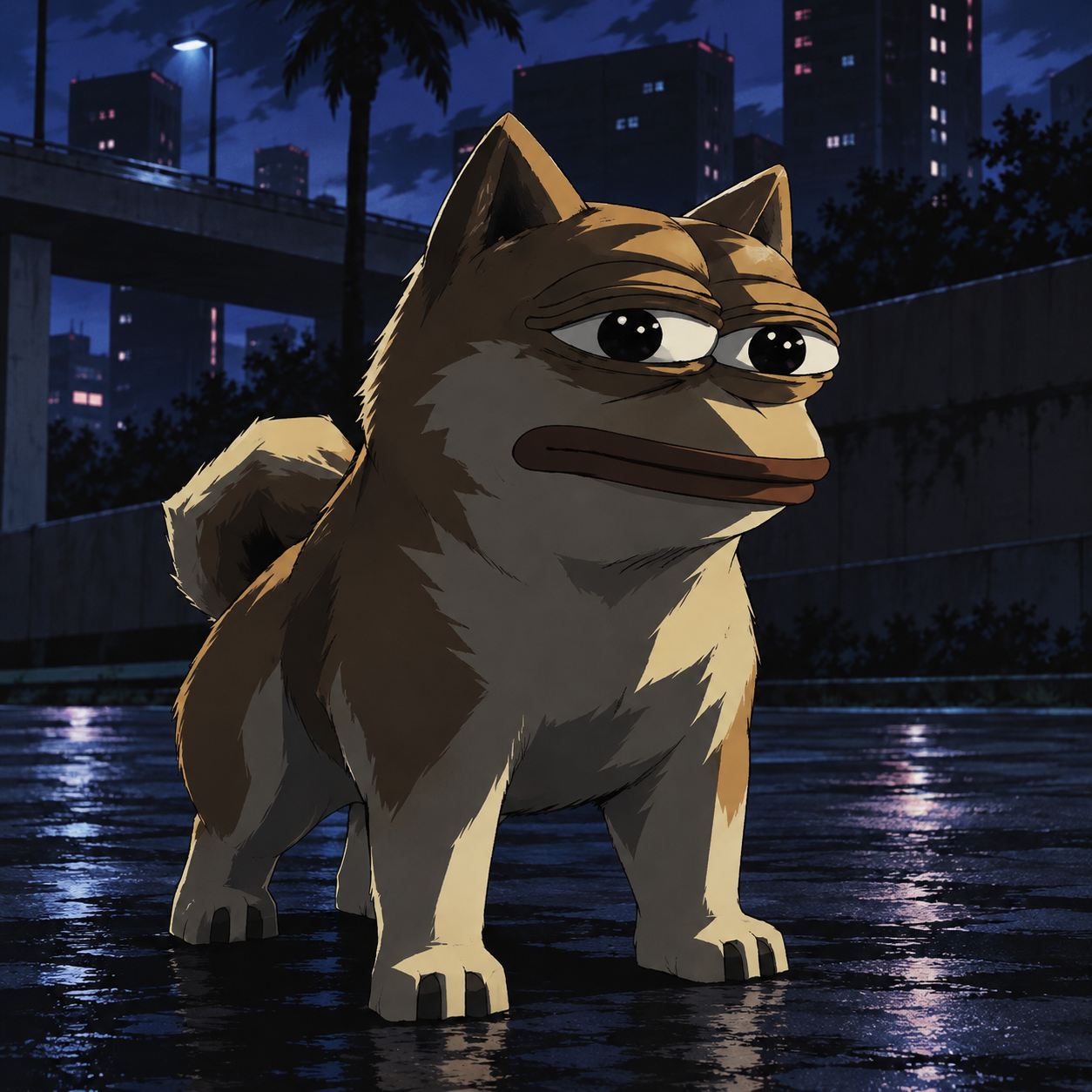 Doge Pepe with a deadpan expression in a midnight anime city